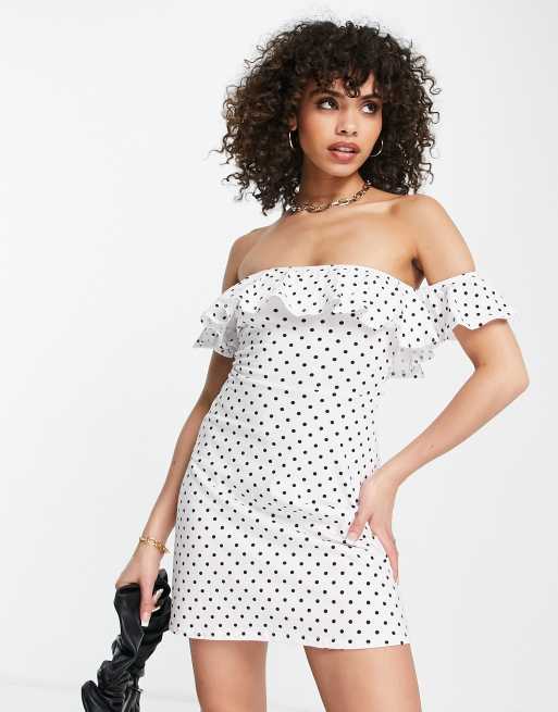 Missguided bardot frill skater dress in white polka dot