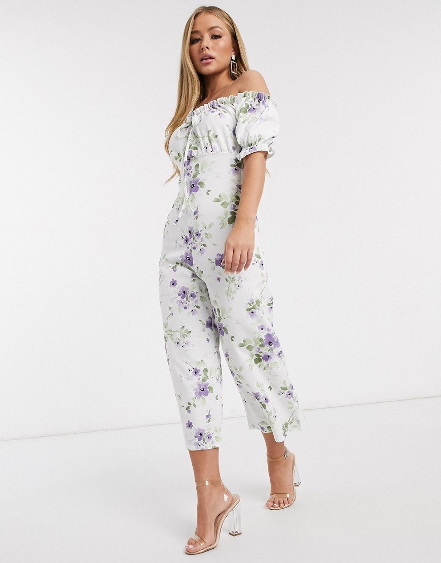 Missguided bardot jumpsuit in floral print-White