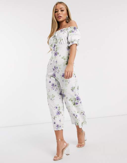 White floral store bardot jumpsuit