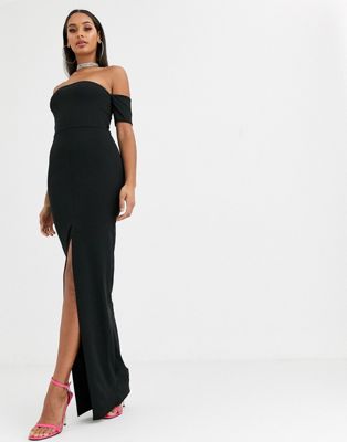 Missguided bardot maxi dress with side split in black | ASOS