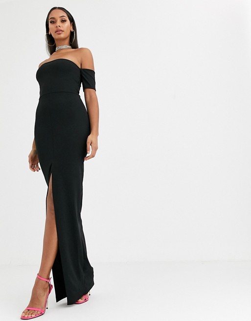 Missguided bardot maxi dress with side split in black