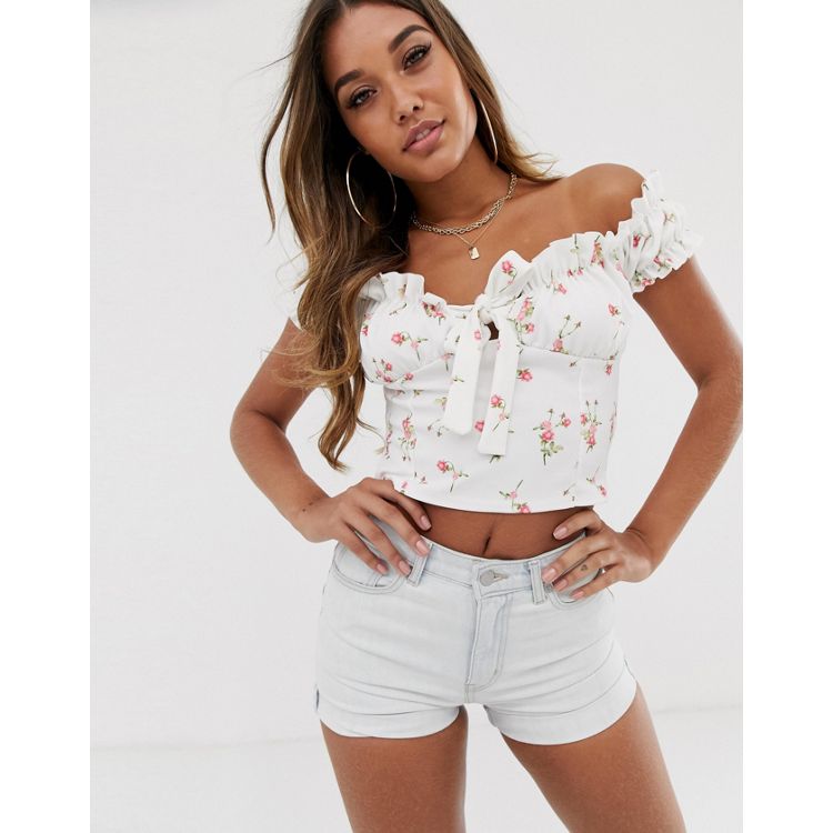 Missguided bardot milkmaid crop top in white floral print