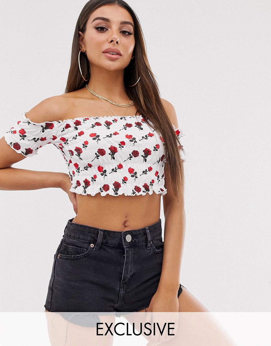 Missguided bardot shirred crop top in rose print-White