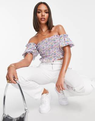 Missguided bardot top in lilac floral - ASOS Price Checker