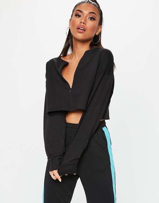 Missguided basics crop sweat with zip in black