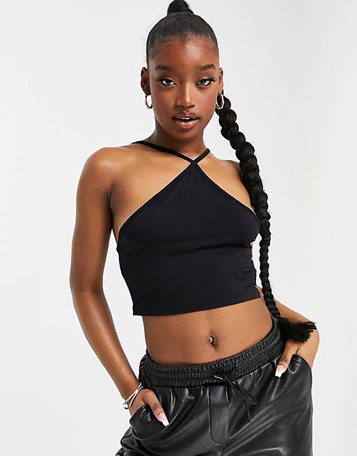 Missguided basics crop top with halter neck in black