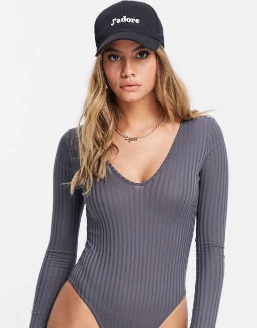 Women's Grey Rib V Neck Bodysuit