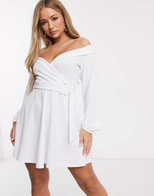 white bardot puff sleeve dress