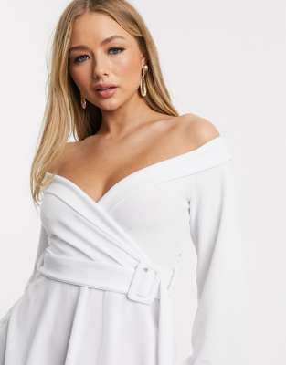 white bardot puff sleeve dress