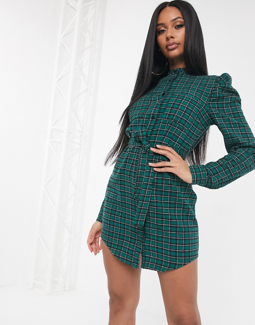 Missguided belted check shirt dress with puff sleeves-Multi