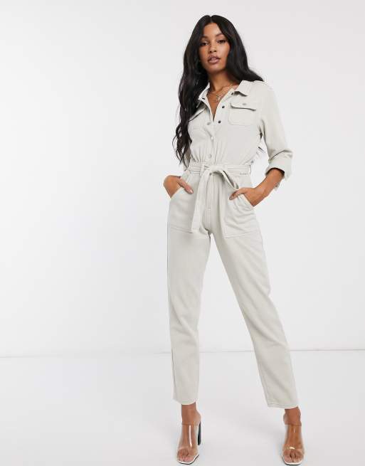 Missguided belted denim boilersuit in cream