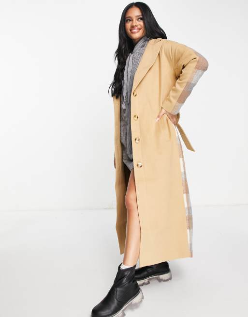 Missguided belted formal longline coat in tan