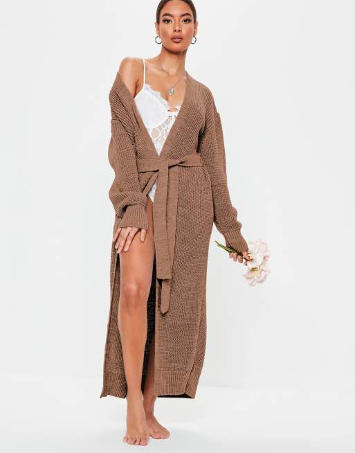 Missguided belted maxi cardigan in mocha ASOS