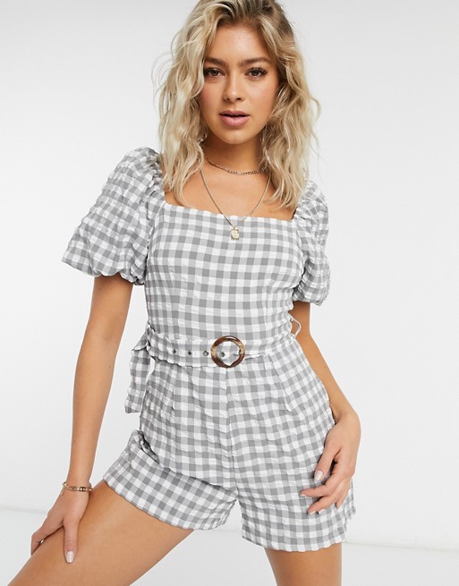 Missguided belted milkmaid playsuit in grey gingham