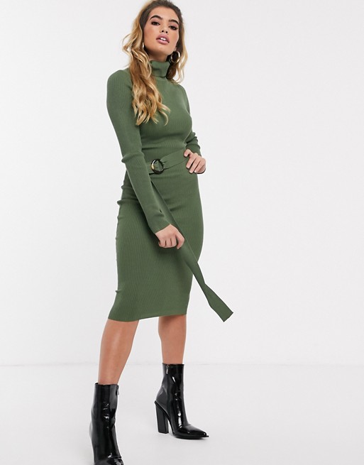 Missguided belted roll neck midi dress in olive