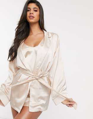 Missguided belted satin robe in cream 