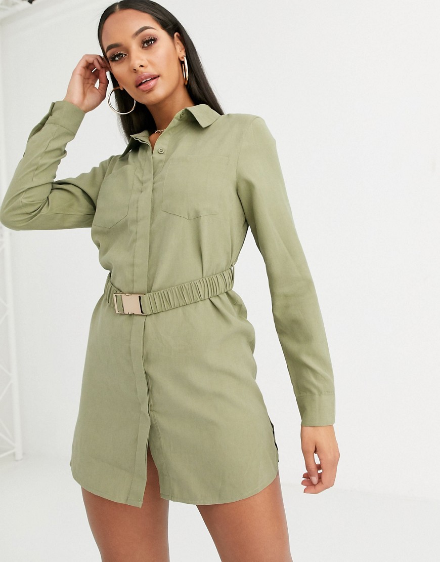 Missguided belted shirt dress in sage-Neutral