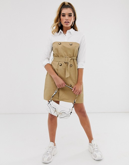 Missguided belted shirt dress with mixed fabric in tan