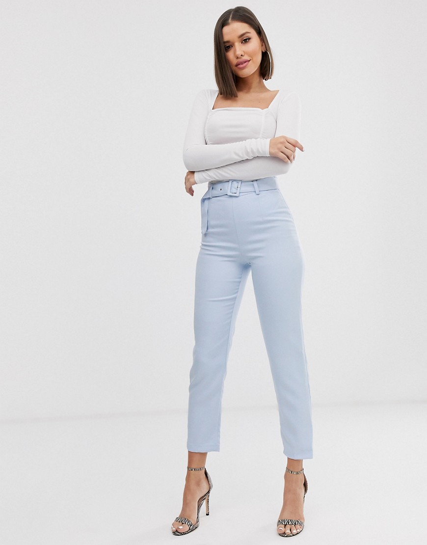 Missguided belted tailored cigarette trousers in blue