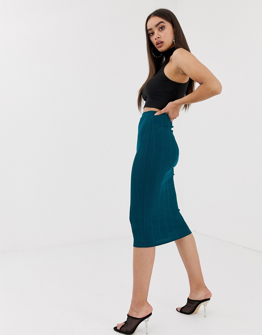 Missguided – blågrön ribbad bodyconkjol i midimodell