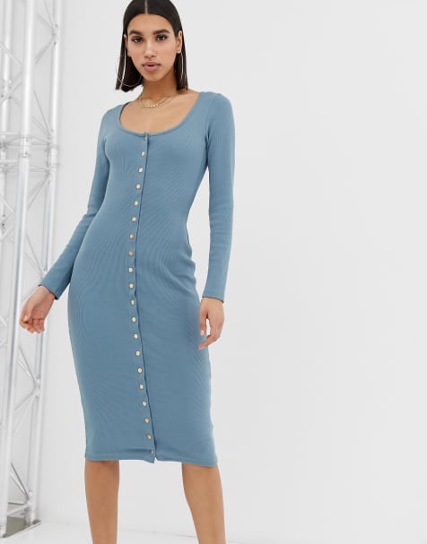 Missguided – Blaues Midikleid mit Druckknopfleiste