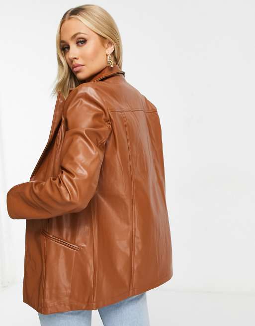 Missguided - Blazer boyfriend in pelle sintetica cioccolato in coordinato, 2 di 4