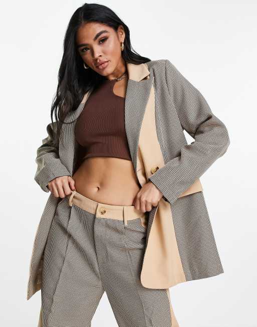 Missguided - Costume coupe masculine à empiècements motif pied-de-poule - Marron, 3 de 3