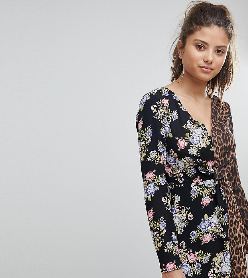 Missguided – Blom- och leopardmönstrad miniklänning med djup urringning-Svart
