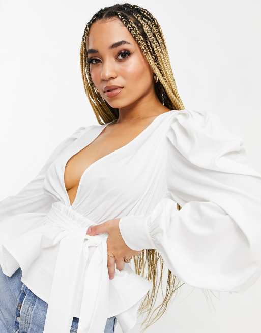 Missguided - Blouse met diep uitgesneden hals en pofmouwen in wit