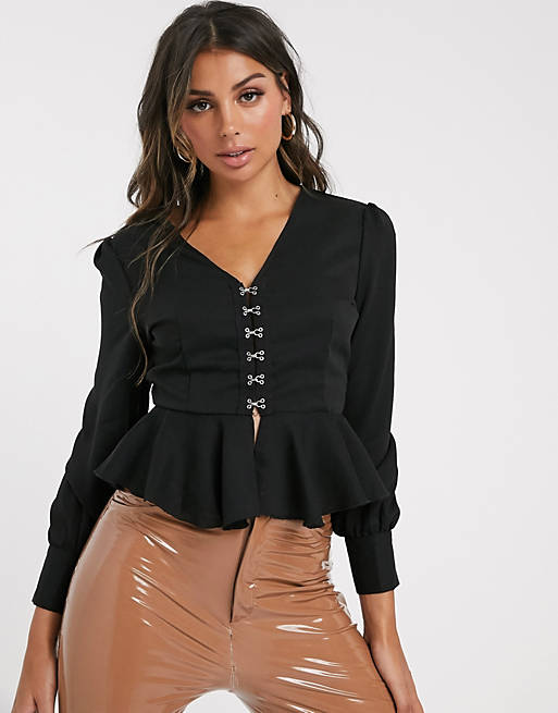 Missguided blouse with hook and eye and peplum in black | ASOS