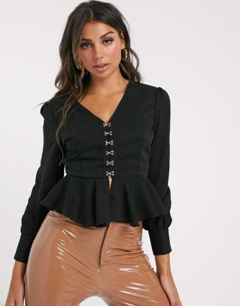 Missguided blouse with hook and eye and peplum in black