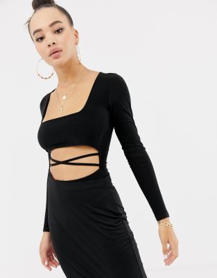 Missguided square neck slinky body with cut out detail in black Black