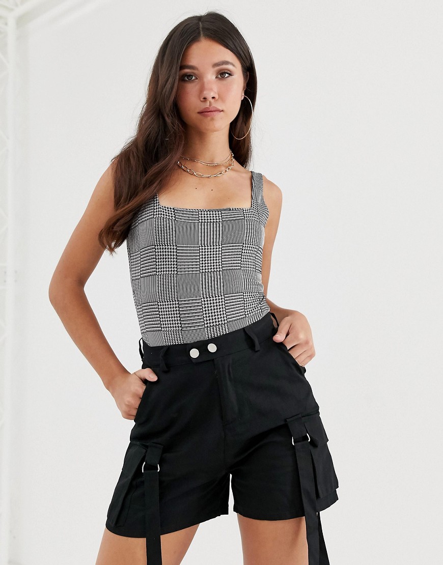 Missguided body with square neck in grey check-Multi