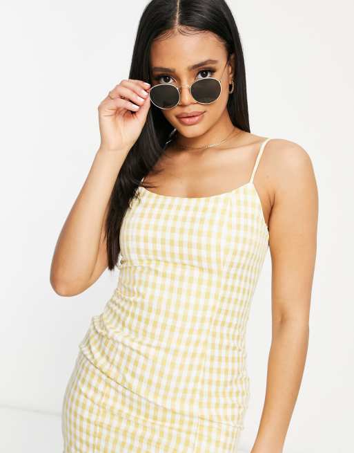 Missguided bodycon mini dress with slim strap in yellow gingham, 3 of 4