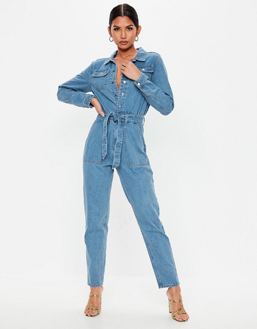 Missguided boiler jumpsuit with button through detail in blue