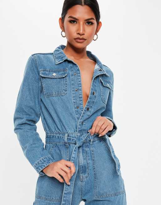 Missguided boiler jumpsuit with button through detail in blue