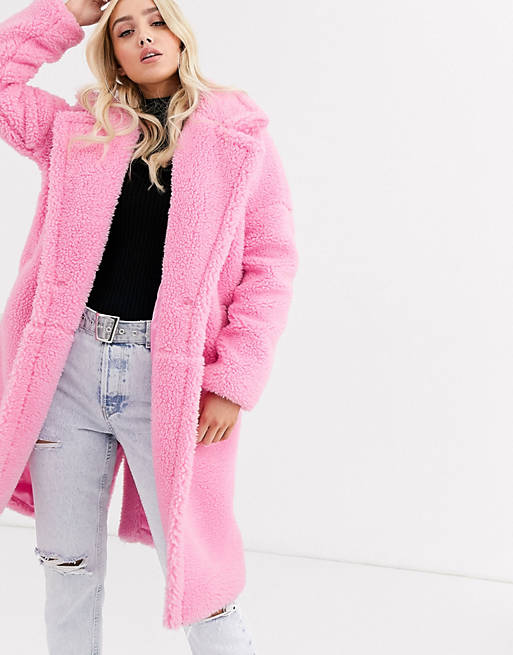 Missguided Borg Duster Coat In Pink Asos, Missguided Oversized Fur Duster Coat In Pink