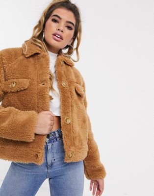 Missguided borg trucker jacket in camel 