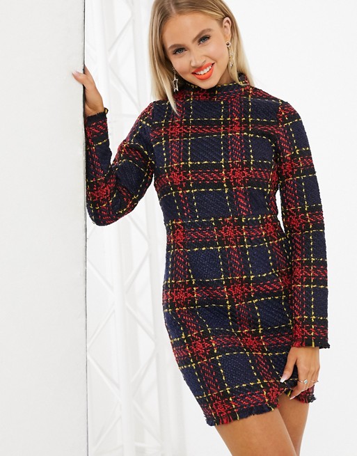 Missguided boucle high neck mini dress in check