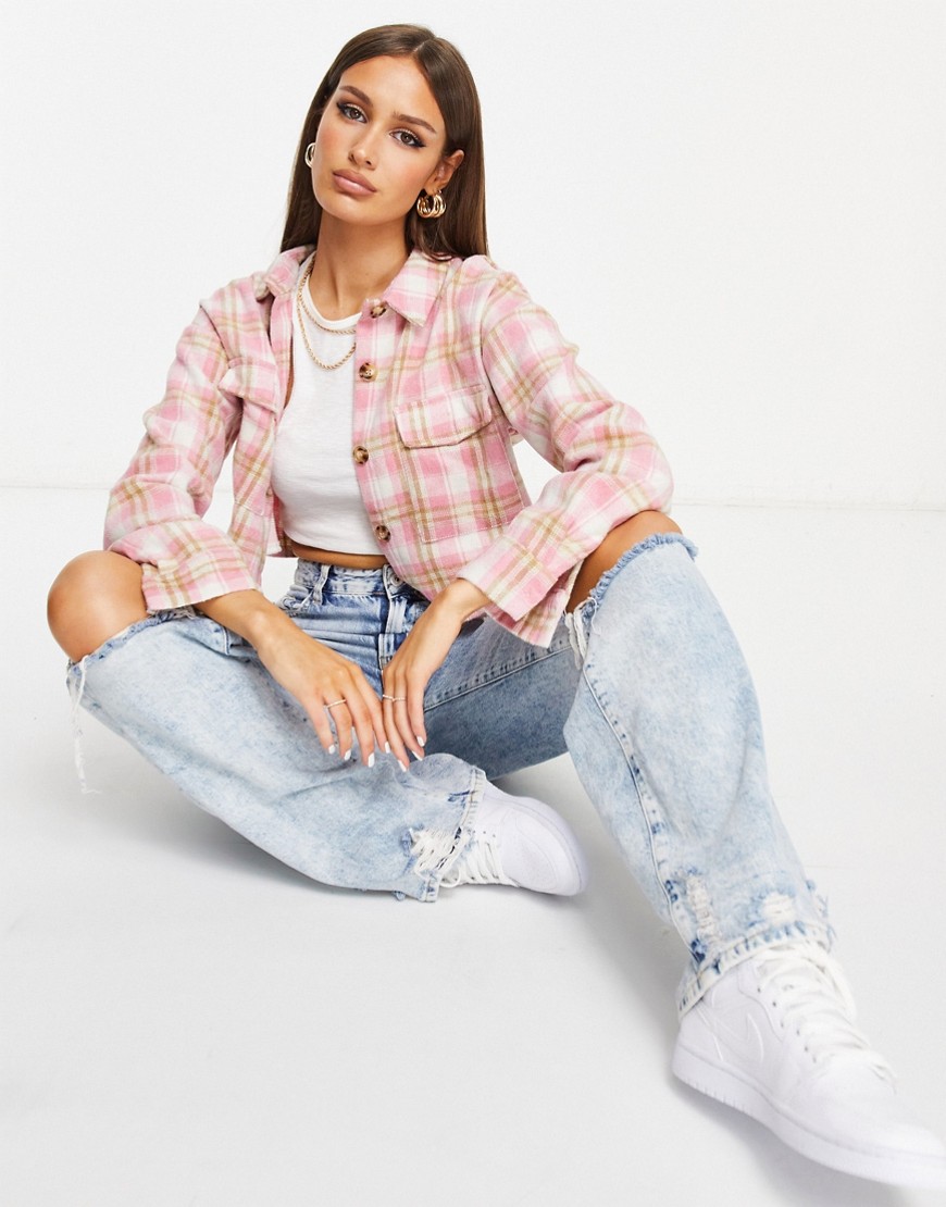 Missguided boxy cropped shacket in pink check
