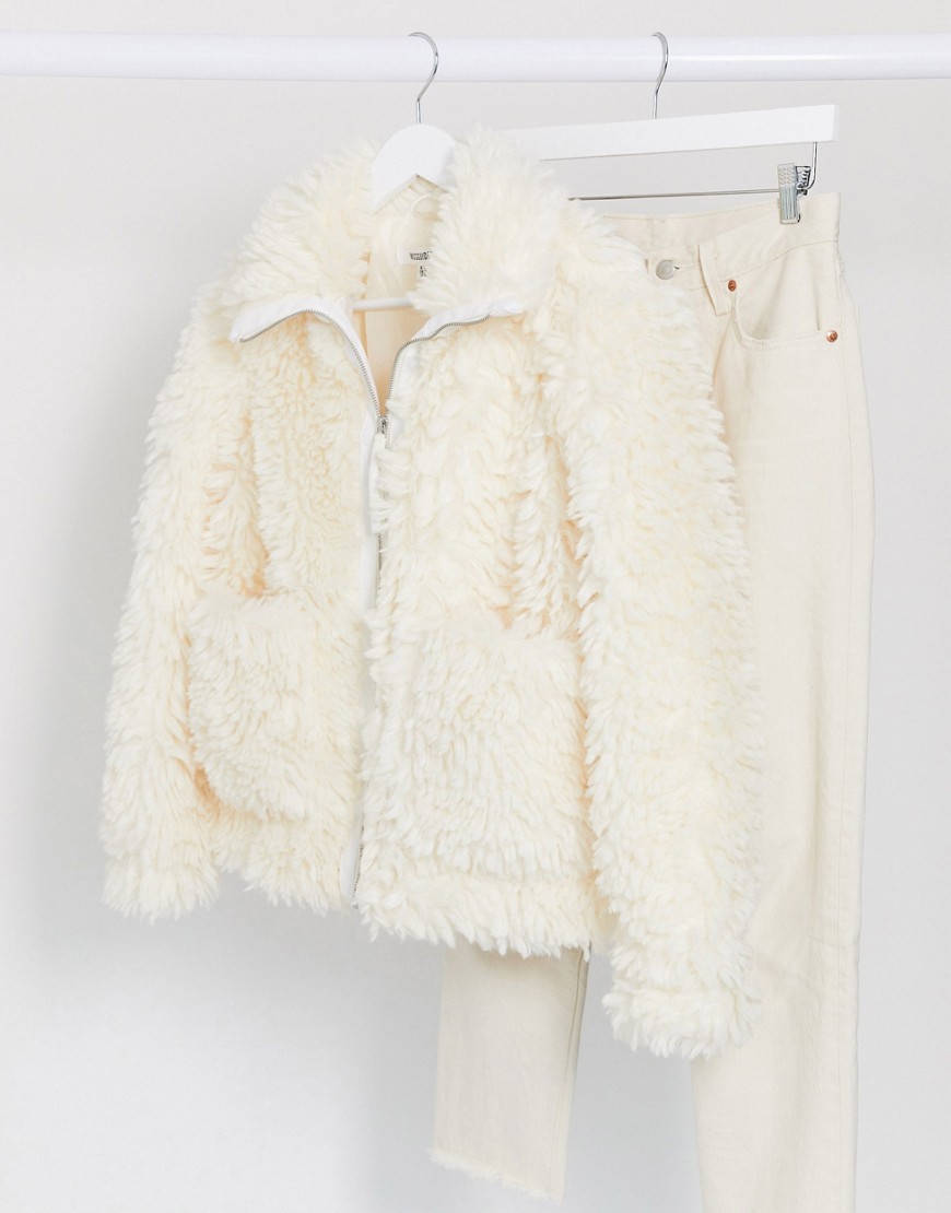 Missguided boxy oversized teddy jacket in white