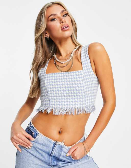 Missguided – Bralette in Blau mit Hahnentrittmuster und Rüschensaum, Kombiteil