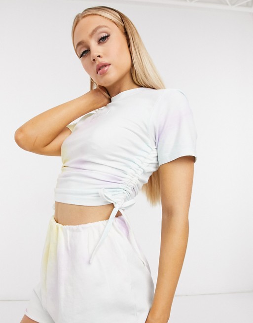 Missguided branded ruched side crop top in multi tie dye