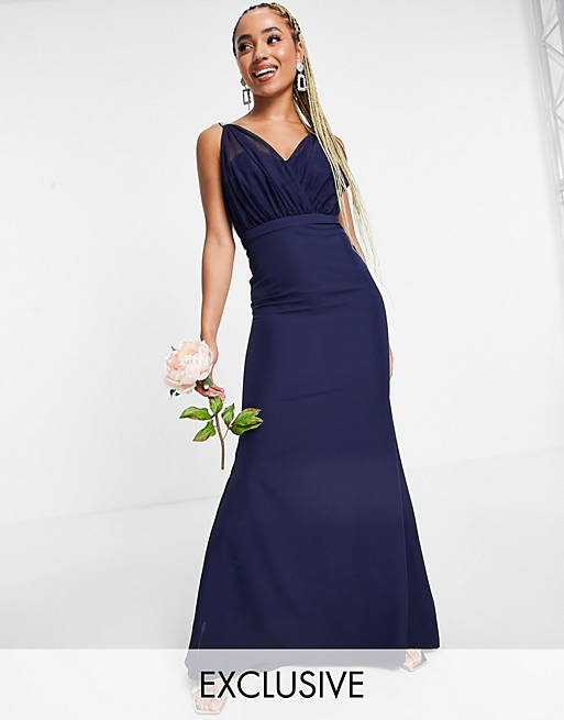 Missguided Bridesmaid bandeau gown with organza detail in navy