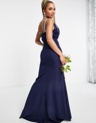 Missguided Bridesmaid bandeau gown with organza detail in navy ASOS