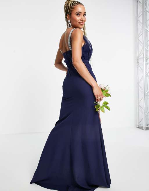 Missguided Bridesmaid bandeau gown with organza detail in navy