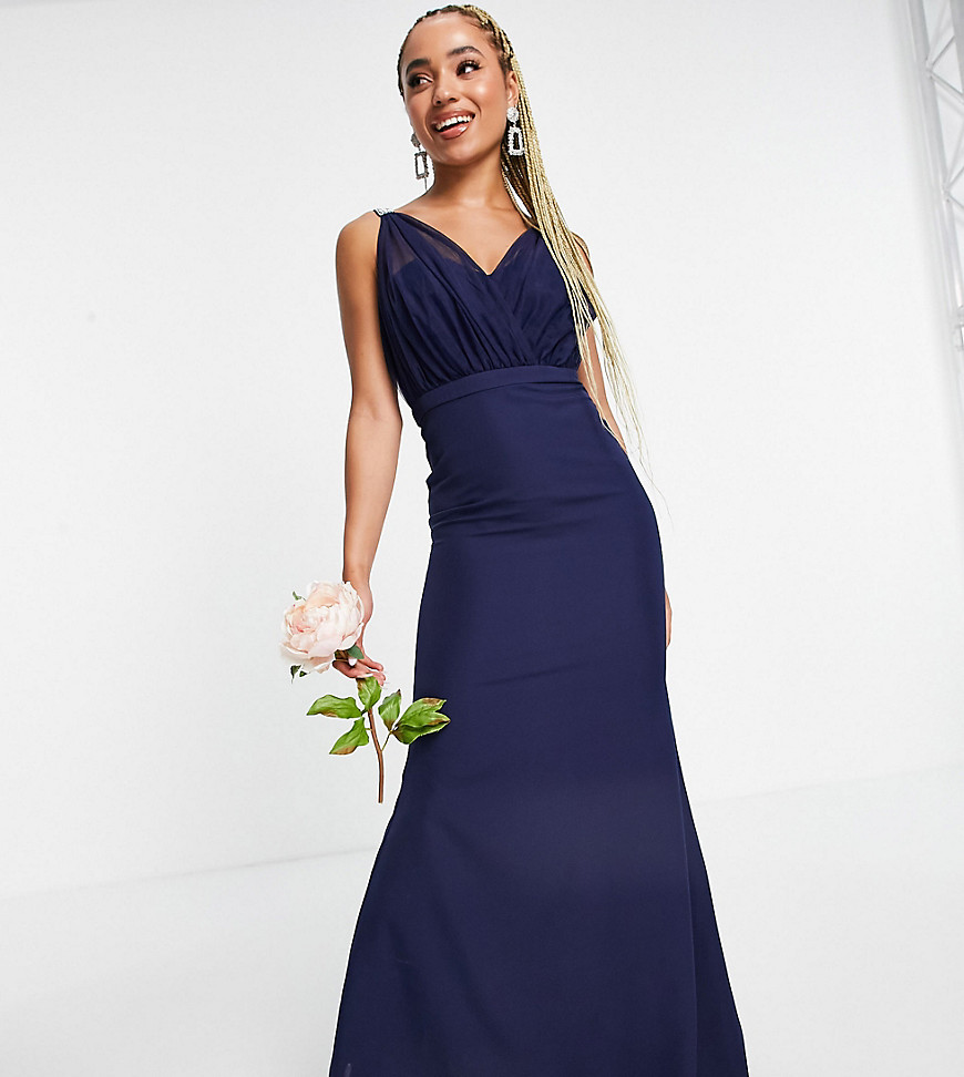 Missguided Bridesmaid bandeau gown with organza detail in pale blue-Navy