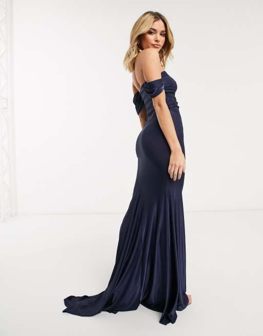 Navy bardot bridesmaid dress sale