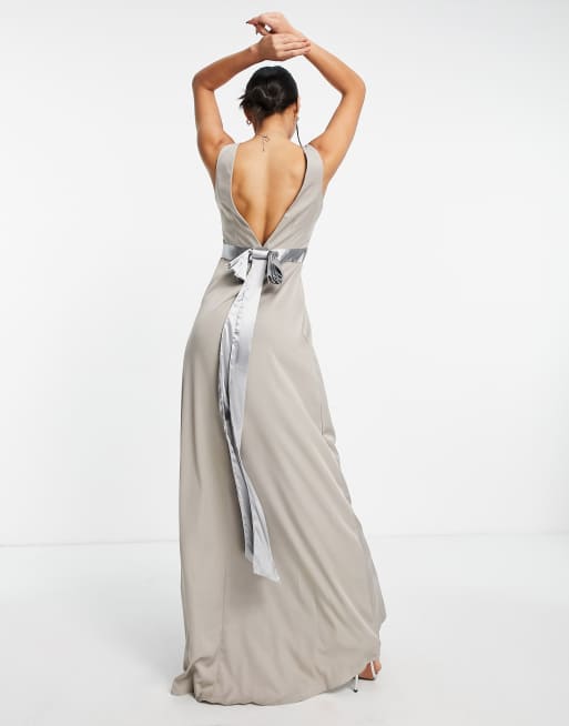 Missguided bridesmaid bow back maxi dress in grey