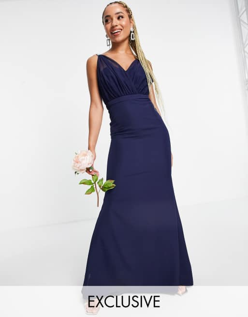 Missguided – Bridesmaid – Granatowa suknia z dekoltem bandeau i ozdobną warstwą z organzy